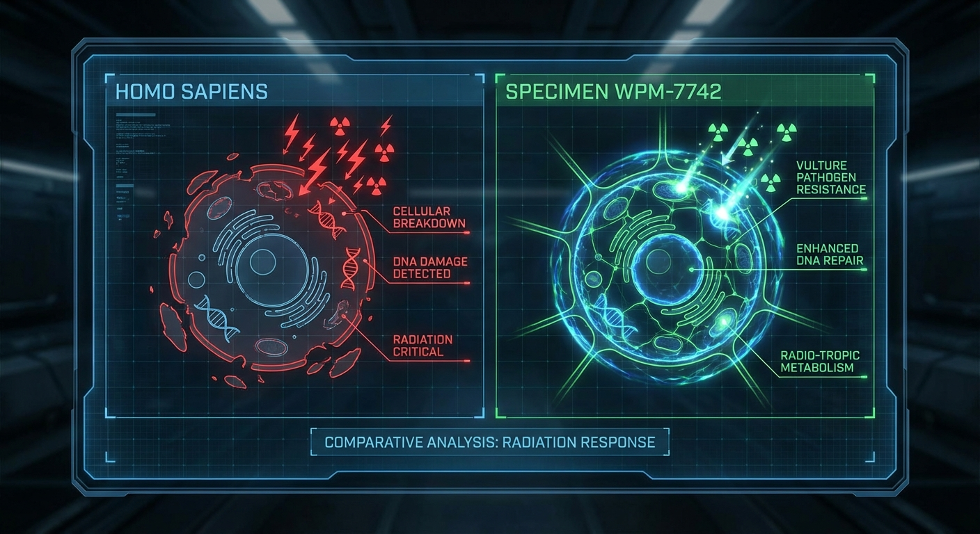 Physiological Analysis: Unlike human biology which degrades under high-sievert exposure, the engineered genome utilizes radiation to accelerate cellular regeneration and metabolic processes.
