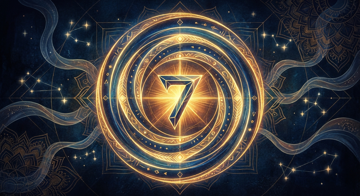 Artistic interpretation of the "Sacred Seven" in Vedic cosmology, representing the 14 realms, the Saptarishis, and the spiritual significance that likely influenced the numeral's unique design.